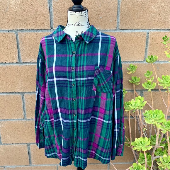 Ava & Viv Tops - Ava & Viv | green purple white flannel button up